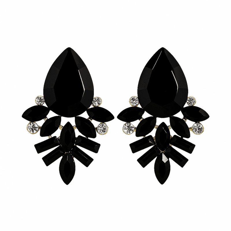 Kolczyki czarne kryształy, cyrkonie złote K321