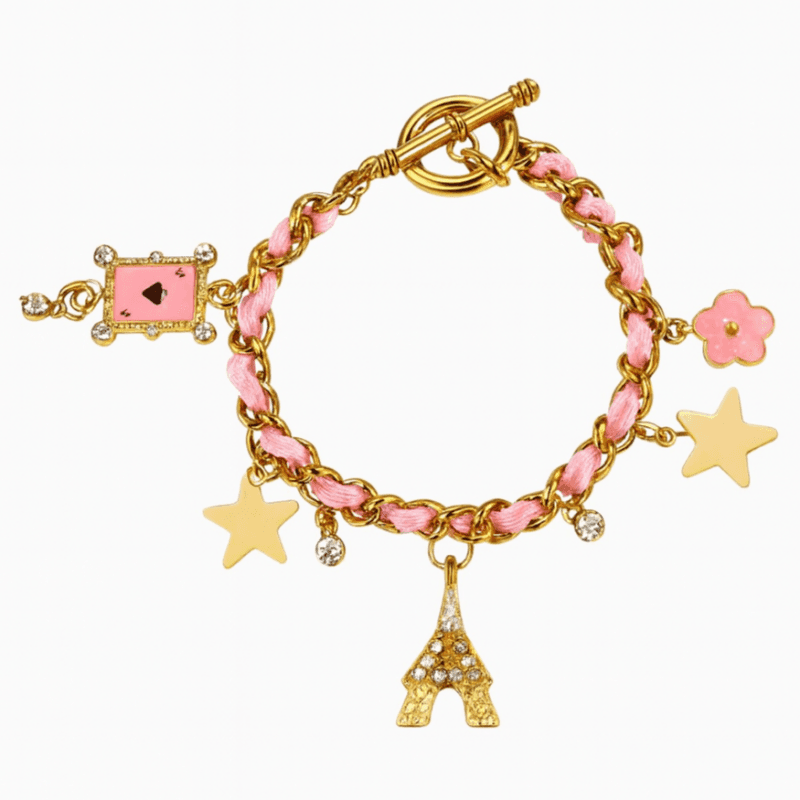 Bransoletka zawijana, rzemyk różowy, złota z zawieszkami B123R